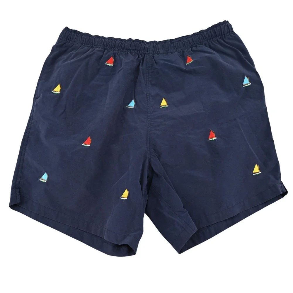 Castaway Nantucket Island Mens Navy Blue Sailboat Embroidered Swim Trunks Medium